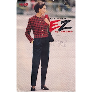 May include: Vintage Vogue Ultra EZ pattern 8465. The cover shows a woman in a red and black houndstooth jacket with gold buttons, and navy blue trousers. The pattern is for sizes 6-8-10.