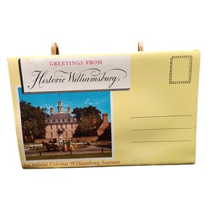 Libretto di cartoline storiche di Williamsburg - Souvenir coloniale d'epoca con viste panoramiche e saluti dalla Virginia