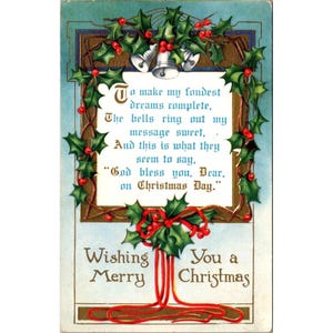 Antieke vintage 1914 Whitney Made kerstkaart met kerstkaart Holly Bells reliëfontwerp