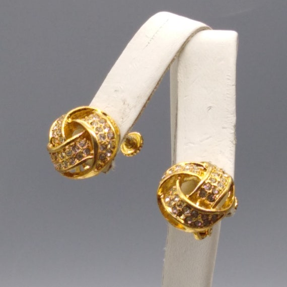 Vintage Pave Crystal Knot Earrings, Gold Tone Adj… - image 3