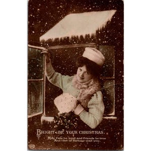 Vintage EAS-kerstkaart uit de jaren 1900 gemaild vanuit Duitsland met dame in sneeuwlandschap
