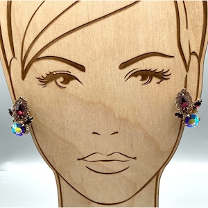 Juliana Style Maxiumum Sparkle Earrings, Gold Tone Clip On with Stunning Mystic AB Chaton Crystal and Deep Purple Marquis Halo, Prong Set