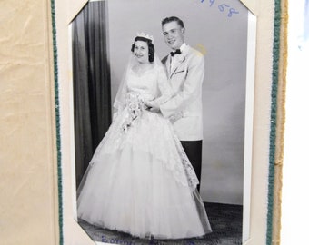 Vintage Wedding Cabinet Card, Special Day Black and White Photograph, Dapper Groom w Blushing Bride in Frills and Flowers, Period Portrait