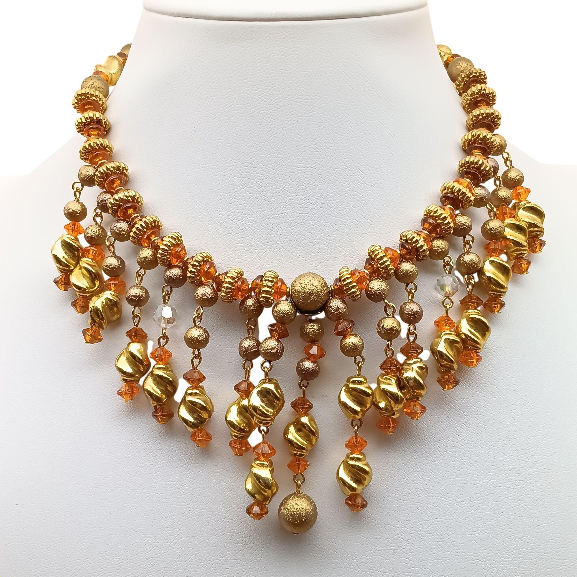 Collier Plastron Imposant Or Avec Perles à Facettes - Bijou Vintage Fantaisie état Impeccable
