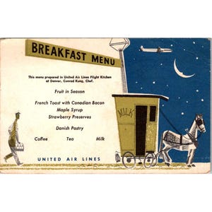 Postal vintage del menú de desayuno de United Airlines