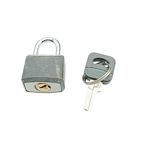 May include: A small, gray padlock with a silver shackle and a gold-colored keyhole. A black key with a silver key ring is positioned next to the padlock. The items are set against a white background.