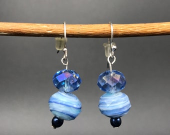 Dangling Blue Art Glass Earrings, Vintage, Made with Swarovski Crystals