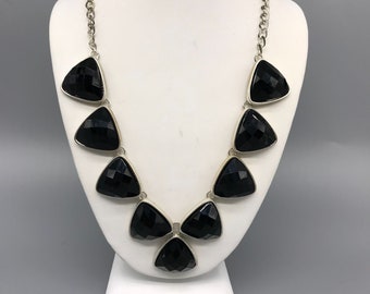 Vintage NY Black Faceted Bib Necklace in Silver Tone, Rounded Triangle Bezel Set