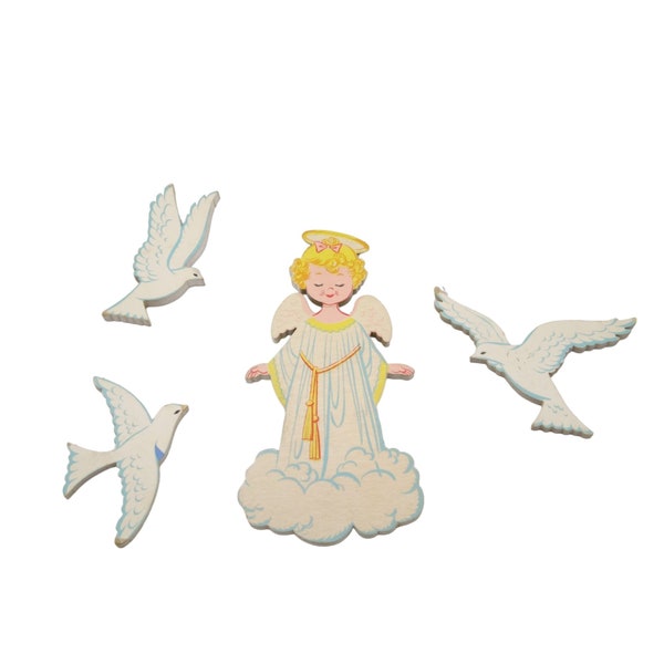 Dolly Toy Angel and Doves Mid Century Decor, Wall Hangings Vintage Nursery or Childs Room, Set of 4 White and Blue MCM Pastels