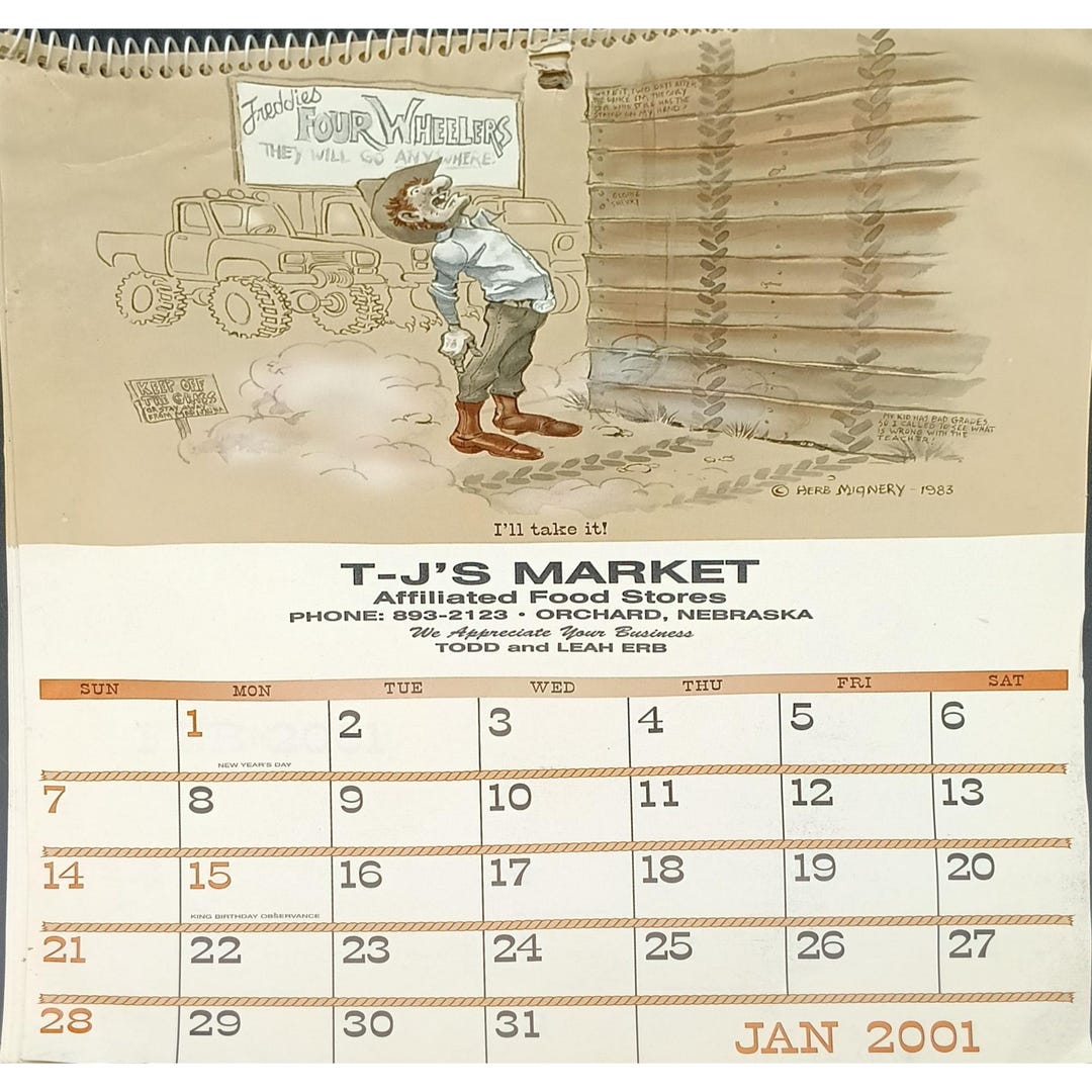Vintage 2001 T-j's Market Calendar With Herb Mignery Cowpoke