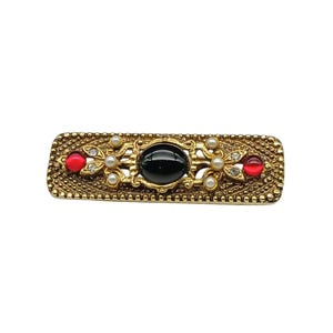 Vintage Gold-Tone Bar Brooch With Black Cabochon Red & Pearl Accents