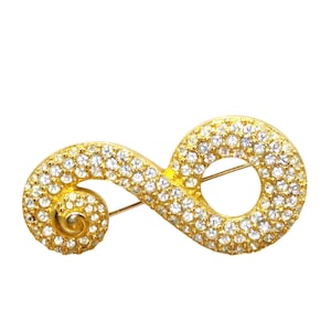 Vintage Swarovski Pave Swirl Brooch, Clear Crystals Pin with Gold Plate Setting, Swan Signed Pin
