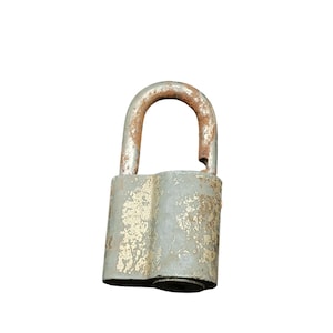May include: A weathered, gray padlock with a rusty, arched shackle. The metal body shows signs of age with peeling paint and surface rust, suggesting outdoor use. The lock is isolated against a white background.