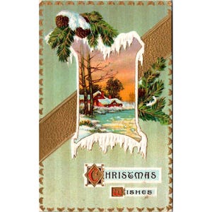 Cartolina di Natale vintage del 1912 con scena invernale e pigne