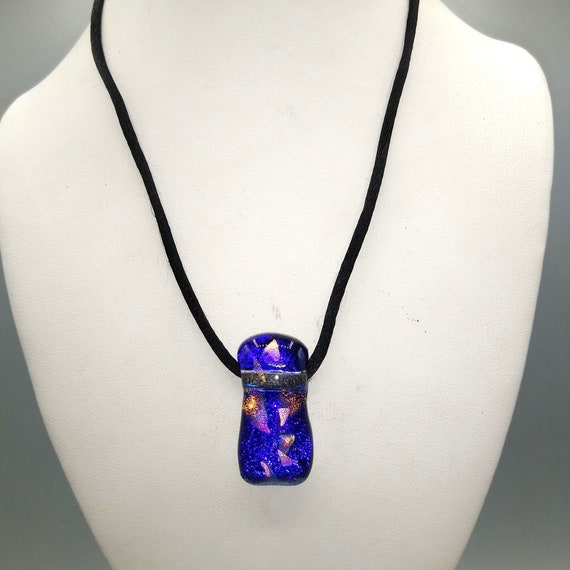 Dichroic Art Glass Modernist Pendant on Black Sat… - image 1