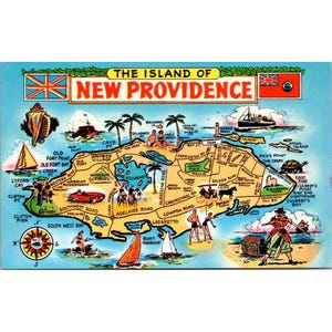 Cartolina d'epoca dell'isola di New Providence, Bahamas, illustrazione della mappa di Colourpicture