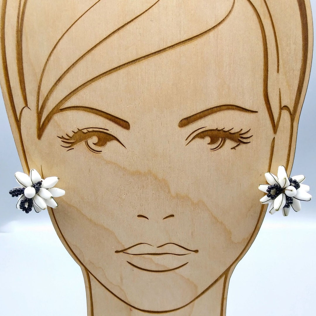 Spikey Vintage Cluster Earrings, Black and White Clip Ons With Abstract