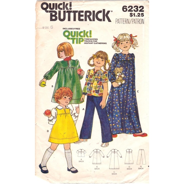 Vintage Sewing PATTERN Butterick 6232, Girls Quick 1962 Childrens Dress Top and Pants, Child Size 6