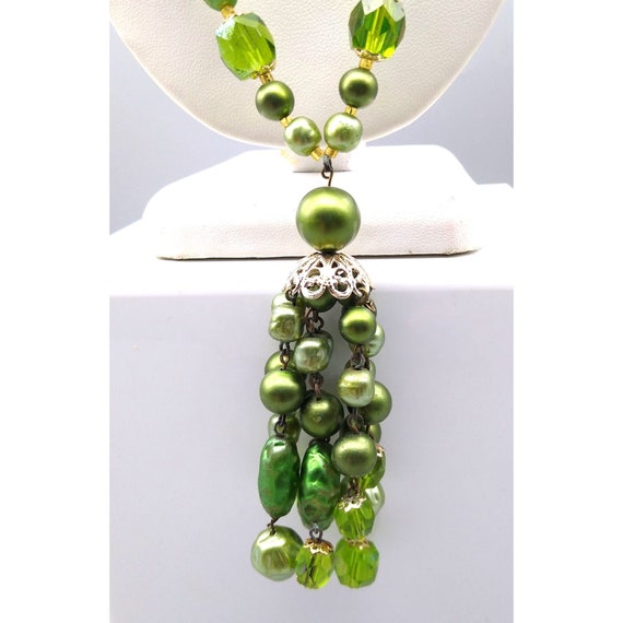 Vintage Green Faux Pearl Necklace with Tassel Pen… - image 2