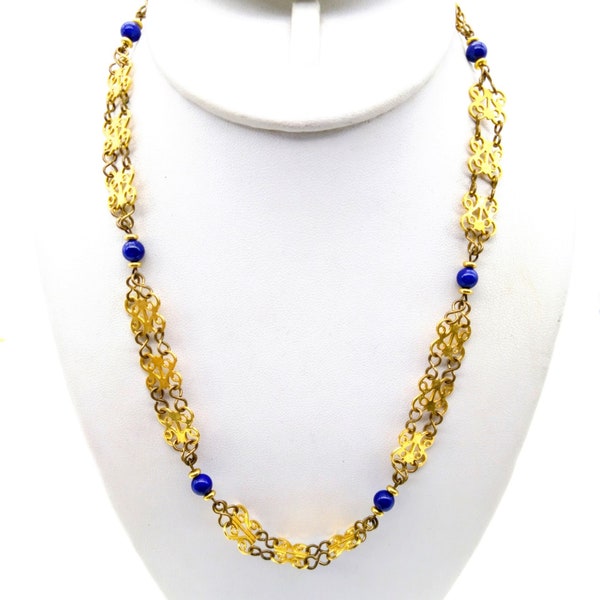 Butterfly Scrollwork Link Chain Necklace, Pretty Gold Tone with Blue Bead Stations Perfect for Layering