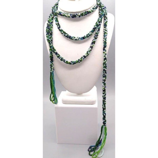 Crocheted Glass Beads Rope Lariat, Elegant Flapper Sautoir, Vintage Necklace with Green and Blue Seed & Tube Beads and Loop Tassel Open Ends