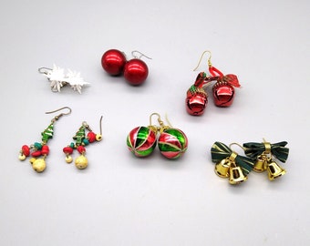 Vintage Christmas Earrings Lot of 6 Pair, Winter Holiday Dangles Bundle, Merry Fashion for Pierced Ears