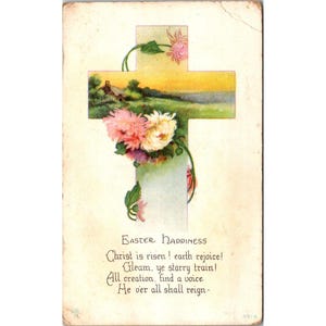 Cartolina di Pasqua vintage degli anni '10 con croce e fiori, scritta "Felicità pasquale", stampata negli Stati Uniti