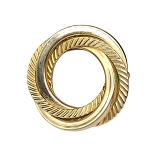 Vintage Gold Tone Interlocking Rings Lapel Pin Brooch, Triple Ring with Two Polished and One Textured, Scarf or Shawl Pin