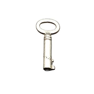 May include: A small, silver-colored key with a circular handle and a ridged stem. The key has a simple, classic design, with a notched bit at the end. The key is likely for a small lock or piece of antique furniture.