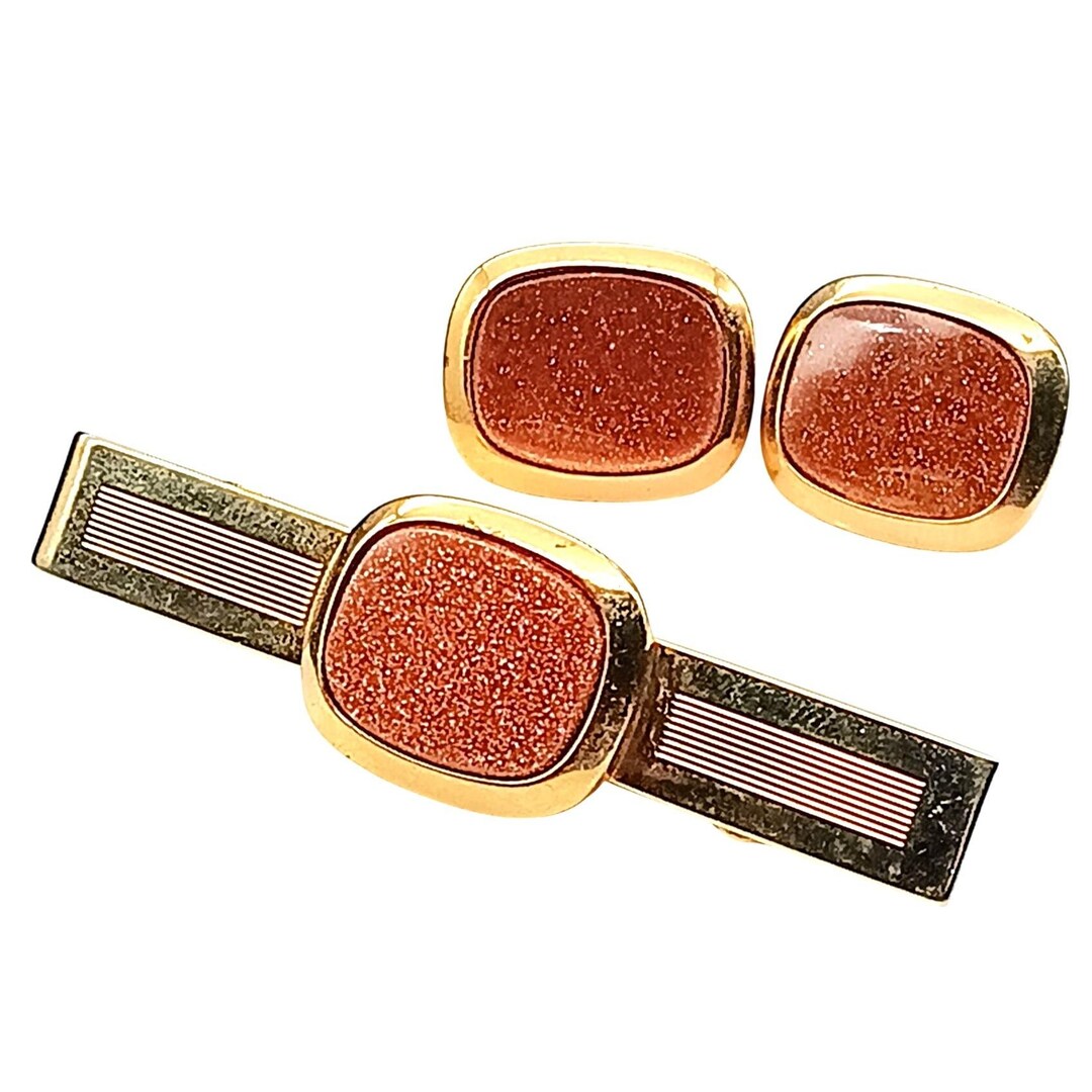 Boutons De Manchette Vintage En Goldstone Et Cuivre – Plaqués Or, Forme Ovale