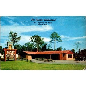 Cartolina vintage in Alabama cromata, The Ranch Restaurant Mobile, inviata, 1956, con parte posteriore divisa in plastica