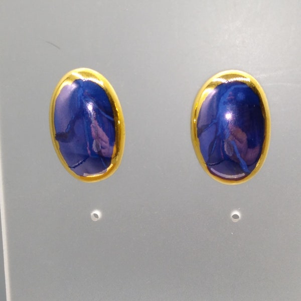 Vintage Royal Blue Porcelain Earrings with Luster Finish and Gold Leaf Trim Edging, Post Stud Oblong Oval