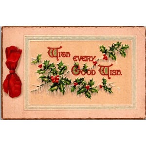 Postal navideña vintage en relieve con acebo y lazo rojo