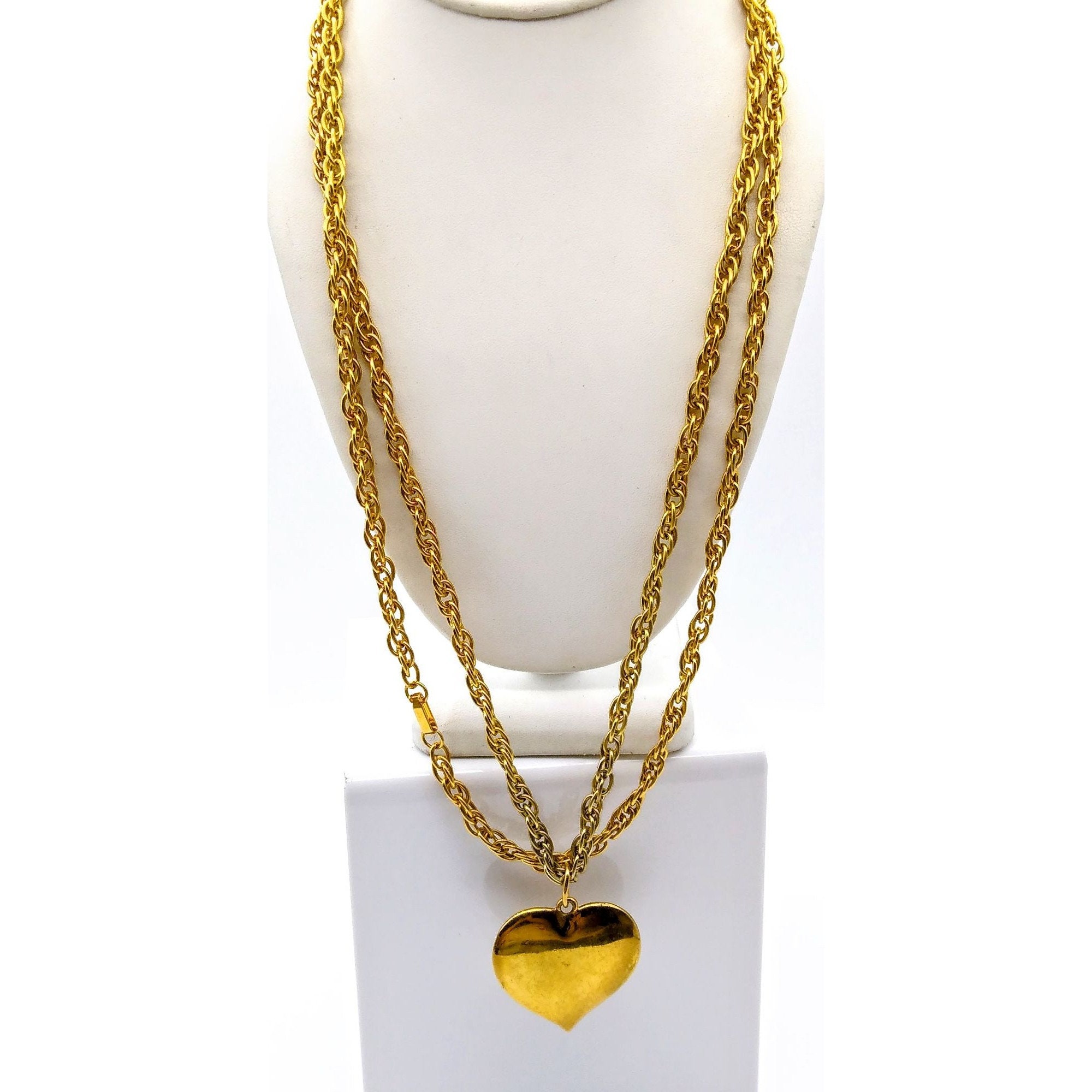 Vintage Brass Heart Pendant Necklace With Long Gold Tone