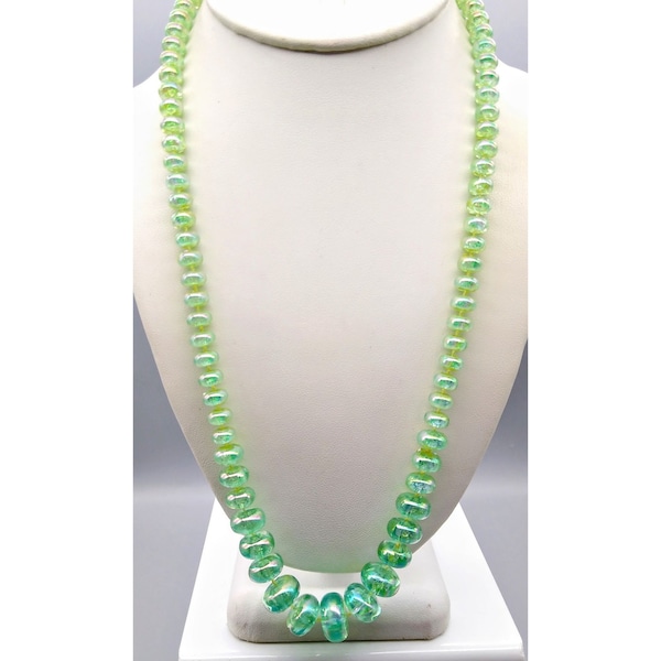 Bright Green Rondelle Beaded Necklace, Vintage Retro Plastic Graduated Strand with Luster Finish