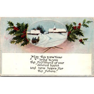 Postal vintage de Año Nuevo de 1912 con escena invernal y diseño de acebo