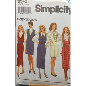 May include: Simplicity sewing pattern number 8546 for sizes 12-16. The pattern includes instructions for making five different styles of dresses with a jumper-style top. The dresses are shown on five models, each wearing a different style. The pattern is labeled "easy to sew".