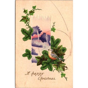 Cartão postal de Natal antigo de 1912 em relevo com desenho de pássaro e hera impresso na Alemanha