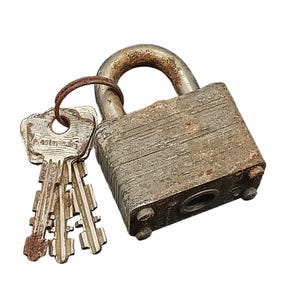Vintage Master Lock-hangslot met sleutels verroest patina antiek zwaar staal beveiliging verzamelobject woondecoratie