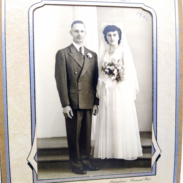 Vintage Wedding Cabinet Card, Special Day Black and White Photograph, Dapper Groom w Blushing Bride in Frills and Flowers, Period Portrait