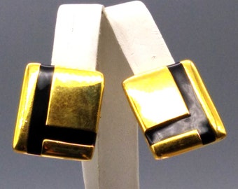 Vintage Napier Linear Rectangle Earrings, Gold Tone Clip Ons with Black Enamel Lines, Geometric Classic