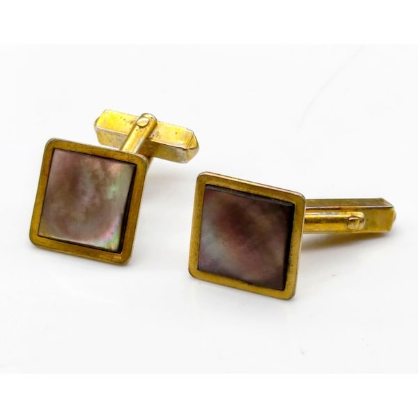 Gold Plated Swank Abalone Cuff Links, Vintage Mens Accessory, 1940s MOP Cufflinks, Elegant Wedding or Occasion Gift