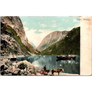 Carte postale ancienne de Norvège du Sogn avec vue panoramique sur le fjord et la montagne