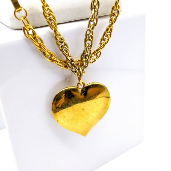 Vintage Brass Heart Pendant Necklace With Long Gold Tone
