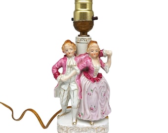 Vintage Glazed Gilded Porcelain Lamp, Table Lighting Decor, Classic French Victorian Boudoir, Romantic Dancing Couple