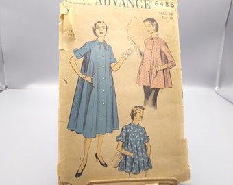UNCUT Vintage Sewing PATTERN, Advance 6486, Youthfully Designed 1953 Maternity Duster or Smock, Size 12, Bust 30