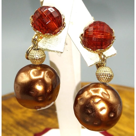 Vintage Brown Faceted Bead Dangle Earrings with D… - image 1