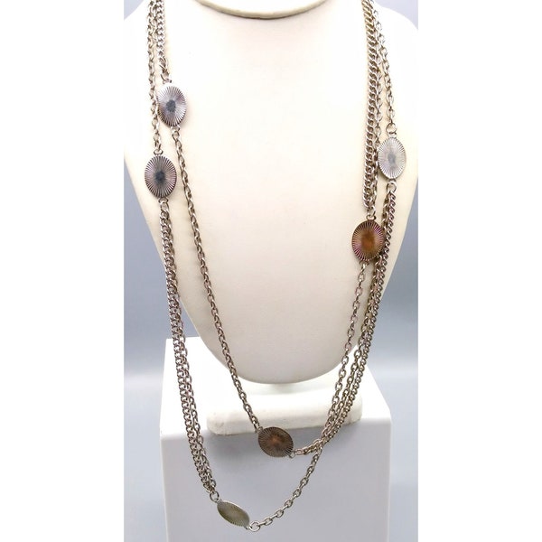 Long Retro Chain Necklace with Funky Starburst Oval Stations, Vintage Silver Tone