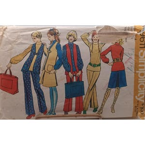 May include: Vintage sewing pattern featuring five figures in 1970s-style outfits. The illustrations showcase various ensembles, including pantsuits, dresses, and skirts, in a palette of blue, yellow, red, and brown. The pattern is labeled "Simplicity" with a price tag.