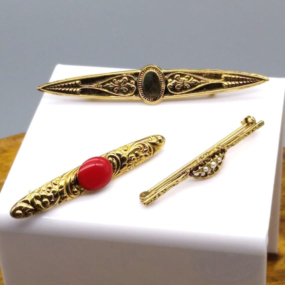 Vintage Brass Repousse Bar Lapel Collar Pins, Ele… - image 2